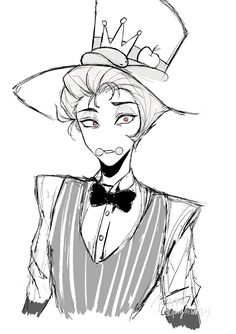 a black and white drawing of a woman wearing a top hat with a bow tie