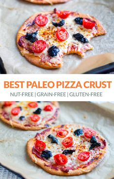 three small pizzas with different toppings on them and the words best paleo pizza crust