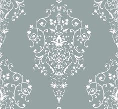 a gray and white wallpaper with an ornate design