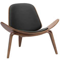 an upholstered wooden chair with black leather seat and backrest, viewed from the front