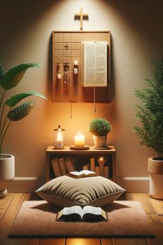 an open book on a pillow in the middle of a room with candles and potted plants