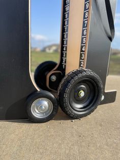 two black wheels are attached to the back of a scooter