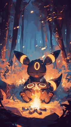 an animal sitting in the middle of a forest next to a campfire with glowing eyes