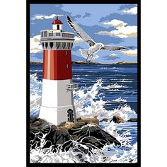 a painting of a lighthouse with seagulls flying over it