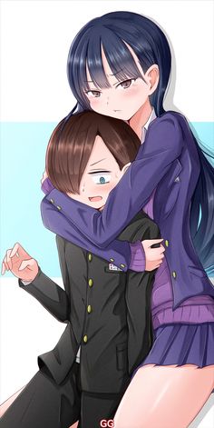 two anime characters hugging each other in front of a blue background