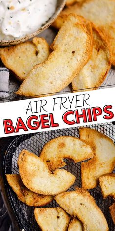 air fryer bagel chips with ranch dip in the background and text overlay that says air fryer bagel chips