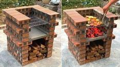 two pictures of a person cooking food on a bbq with bricks and grilling tongs