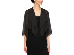 Alex Evenings Chiffon Hanky Short Bolero Jacket Cover-Up - Women's Clothing : Black : Top off your evening attire with the elegance of this Alex Evenings bolero jacket with a shear design, open front, and cascading lapels. Three-quarter sleeves. Asymmetrical hemline. 100% polyester. Hand wash cold separately, lay flat to dry. Imported. Elegant Open Front Formal Dresses, Elegant Black Shrug For Spring, Elegant Formal Dress With Open Front, Elegant Open Front Shrug For Spring, Elegant Evening Dress With Open Front, Elegant Long Sleeve Formal Shrug, Spring Formal Fitted Shrug, Chic Long Sleeve Formal Shrug, Elegant Formal Open Front Outerwear