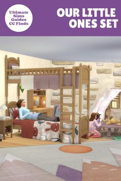 a child's bedroom with bunk beds and other furniture