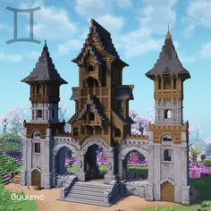 This build inspired by Gemini Zodiac - Survival friendly build Minecraft Tower Staircase, Minecraft End Builds Ideas, Tower Minecraft House, Minecraft Medieval Portal Design, Castle Base Minecraft, Minecraft Castle Details, Minecraft Castle Gate Ideas, Minecraft Round Window, Mythical Minecraft House