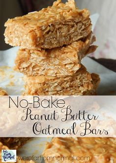 no bake peanut butter oatmeal bars stacked on top of each other