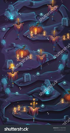 a halloween scene with pumpkins and tombstones in the snow at night, illustration