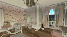 the room is decorated in pastel pink and white with flowers on the wallpaper