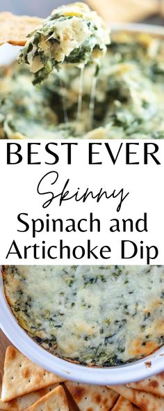 spinach and artichoke dip in a bowl with crackers