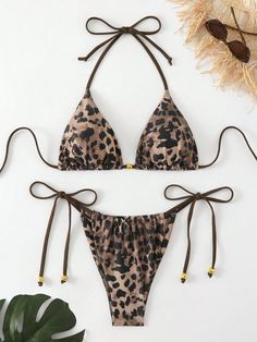 Women's Summer Beach Leopard Print Halter Neck Tie Sexy Bikini Set, Random Print Multicolor Sexy    Leopard Print,All Over Print,Textured Pattern  High Stretch  Women Clothing, size features are:Bust: ,Length: ,Sleeve Length: