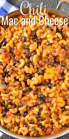 macaroni and cheese with black beans in a skillet