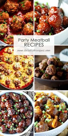 several pictures of meatballs and other foods in different dishes with the title party meatball recipes