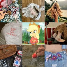 a collage of photos with various items including jeans, shoes, and other things