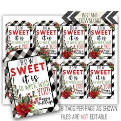 christmas printables for hot choc's and happy holidays are displayed on black and white checkered paper