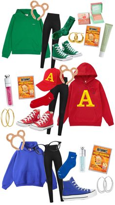 an assortment of clothing and accessories including hoodie, sweatshirt, sneakers, hair clips