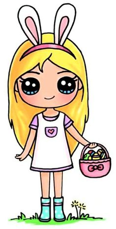 a cartoon girl with bunny ears holding a basket and easter eggs in her hand,