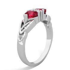 This lab ruby and  celtic trinity ring features two 5mm heart-cut center stones with three brilliant diamonds. In solid 14K White Gold, this ring can hold any two gems you select for a customized and special keepsake. Red Three-stone Diamond Promise Ring, Red Three Stone Diamond Ring For Promise, Red Three Stone Diamond Promise Ring, Three Stone Diamond Ruby Promise Ring, Ruby Three Stone Ring For Promise, Promise Ruby Ring With Three Stones, Double Heart Ring, Trinity Ring, Traditional Engagement Rings