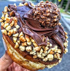 a chocolate covered donut with nuts and chocolate frosting on it's top