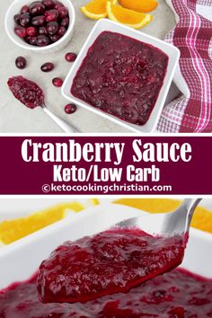 cranberry sauce in a white bowl and on a spoon