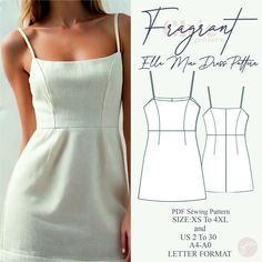 a white dress with spaghetti straps is shown in the front and side view, it has an image of a woman's torso