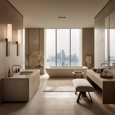 an elegant bathroom with large windows overlooking the city