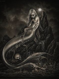 a drawing of a mermaid sitting on top of a rock in the ocean at night