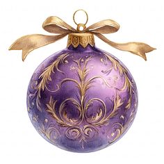 a purple and gold christmas ornament with a bow on it's side