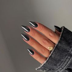 Get ready to spook up your nails this Halloween! 🎃👻💅 Check out these wickedly fun nail designs for the ultimate Halloween look. #HalloweenNails #NailArt #HalloweenInspo #SpookyNails #TrickOrTreat #NailGoals #HalloweenVibes #NailObsessed #HalloweenMakeup #NailsofInstagram 🕷️🦇🕸️ Matte Tip Nails Almond, Black Nails Ideas Chrome, Black Nails Polka Dots, Crome Nails Black, Black Irradecent Nails, Black And Silver Oval Nails, Almond Black Chrome Nails, Plain Dark Nails, Black Nail Chrome