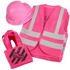 a pink safety vest, hard hat and other items to wear on a white background