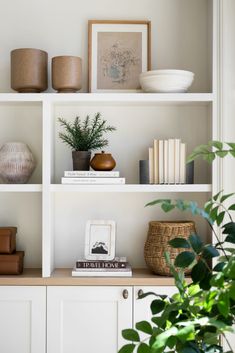 shelves with books, plants and vases on them