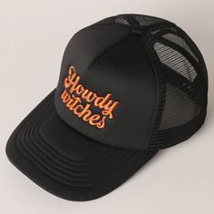 Howdy Witches Embroidered Mesh Back Trucker Hat - "Howdy Witches" Embroidery Design - 5 Panel Mesh Back Trucker Hat - Perfect Hat for Halloween - 100% Cotton *One Size Fits All - Adjustable Snapback Makes Fit Comfortable.* The Embroidery Baseball Cap is a stylish accessory blending casual comfort with artistic flair. Crafted from durable cotton twill, it boasts a classic six-panel design for a timeless appeal. What sets it apart is the intricate embroidery adorning the front, showcasing vibrant Cheap Mesh Trucker Hat, Affordable Black Playful Trucker Hat, Cheap Playful Black Trucker Hat, Cheap Black Mesh Trucker Hat, Affordable Mesh Trucker Hat With Letter Print, Cheap Black Trucker Hat With Embroidered Logo, Trucker Hat Fashion, Scarf Coverup, Rebecca Black