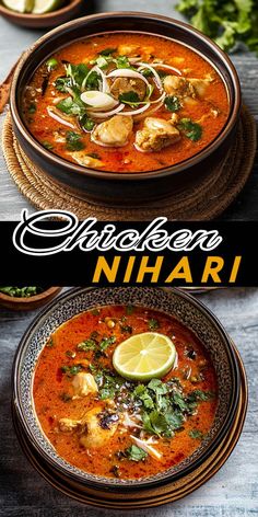 chicken nihari soup in a bowl with limes and cilantro