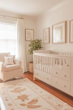 Cozy nursery with neutral tones features a crib, armchair, and nature-themed decor. Ideal for gender-neutral nursery design and beige and brown nursery ideas. Edge Products, Design Techniques, Forward Thinking