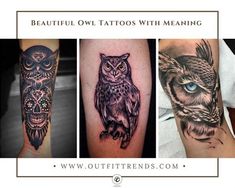 four different tattoos with owls on them