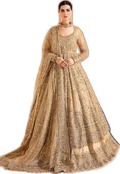 Semi-stitched Anarkali Dress For Reception, Anarkali Dress With Intricate Embroidery For Reception, Gold Embellished Saree Dress, Gold Anarkali Gown With Intricate Embroidery, Gold Embellished Designer Dresses, Designer Gold Embellished Dress, Designer Embellished Gold Dress, Eid Embellished Gold Gown, Gold Embellished Gown For Eid