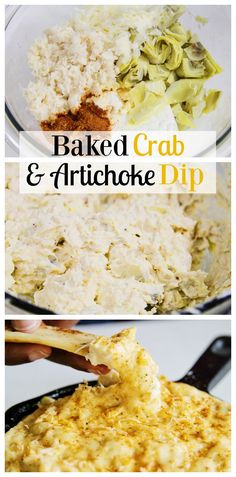 baked crab and artichoke dip in a glass bowl with text overlay that reads baked crab and artichoke dip