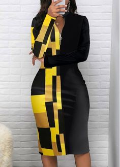 Color:Black;Size:S;Size:M;Size:L;Size:XL;Size:XXL;Package Contents:1 X Dress;Occasion:Other;Style:Bohemian; Fitted Patchwork Bodycon Dress For Party, Black Spliced Knee-length Dress, Fitted Black Dress With Splicing, Fitted Black Bodycon Dress With Splicing, Elegant Yellow Long Sleeve Bodycon Dress, Black Patchwork Office Dress, Fitted Patchwork Bodycon Dress For Spring, Black Dress With Splicing For Work, Black Patchwork Dress For Night Out