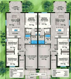 the floor plan for an apartment with three bedroom and two bathrooms, one bathroom on each side