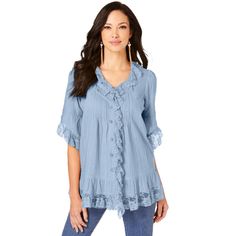 This feminine piece is detailed with fun ruffles down the front and sleeves for an eye-catching look. Wear it on a fun, girls' night out or to the office for a polished outfit. Trendy Ruffled Collar Tops For Spring, Blue Cotton Blouse With Ruffled Collar, Light Blue Short Sleeve Blouse For Fall, Fall Light Blue Short Sleeve Blouse, Elegant Blue Tops With Ruffle Hem, Chic Light Blue Shirt For Spring, Fall Ruffled Short Sleeve Shirt, Fall Short Sleeve Shirt With Ruffles, Chic Blue Shirt With Ruffles