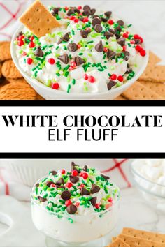 white chocolate elf fluff dip with sprinkles and graham crackers on top