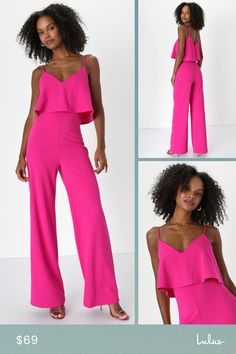 Spice up your next date night with the Lulus Make It a Date Magenta Sleeveless Wide-Leg Jumpsuit! Crepe knit shapes this flirty night-out jumpsuit that has adjustable spaghetti straps, a V-neckline, and a fitted sleeveless bodice with a flounce overlay. The high waist tops wide legs that end at ankle-length hems. Hidden back zipper. Fit: This garment fits true to size. Length: Floor length. Size medium measures 55" from adjustable straps to hem. Inseam: 32.00 Front Rise: 13.75 Bust: Great for an Chic Evening Jumpsuit With Spaghetti Straps, Flirty Spring Jumpsuit With Spaghetti Straps, Flirty Spaghetti Strap Jumpsuits And Rompers For Spring, Flirty Spaghetti Strap Jumpsuits For Spring, Flirty Strapless Jumpsuit For Date Night In Spring, Flirty Spring Jumpsuits And Rompers With Spaghetti Straps, Spring Evening Jumpsuit With Spaghetti Straps, Spring Evening Jumpsuits And Rompers With Spaghetti Straps, Flirty Sleeveless Jumpsuits For Evening