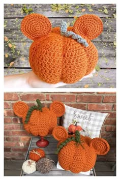 an orange crocheted pumpkin with ears on it