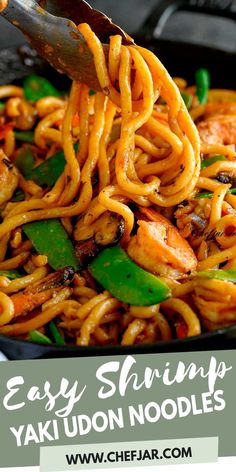 This awesome shrimp yaki udon recipe is ready in less than 30 minutes! With chewy noodles, sweet shrimp, and veggies in a delicious one-pan sauce, this is an absolutely perfect dinner for weeknights. Steak And Shrimp Stir Fry Noodles, Shrimp Stir Fry Recipes, Udon Stir Fry, Teriyaki Noodles, Fried Udon, Teriyaki Shrimp, Pan Fried Noodles