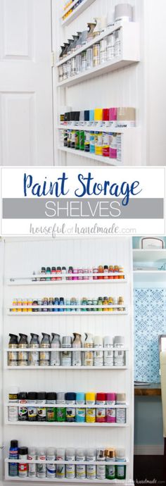 an organized shelving unit with paint and craft supplies on the shelves in front of it