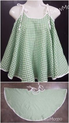 two pictures of green and white gingham dresses on mannequin dummys